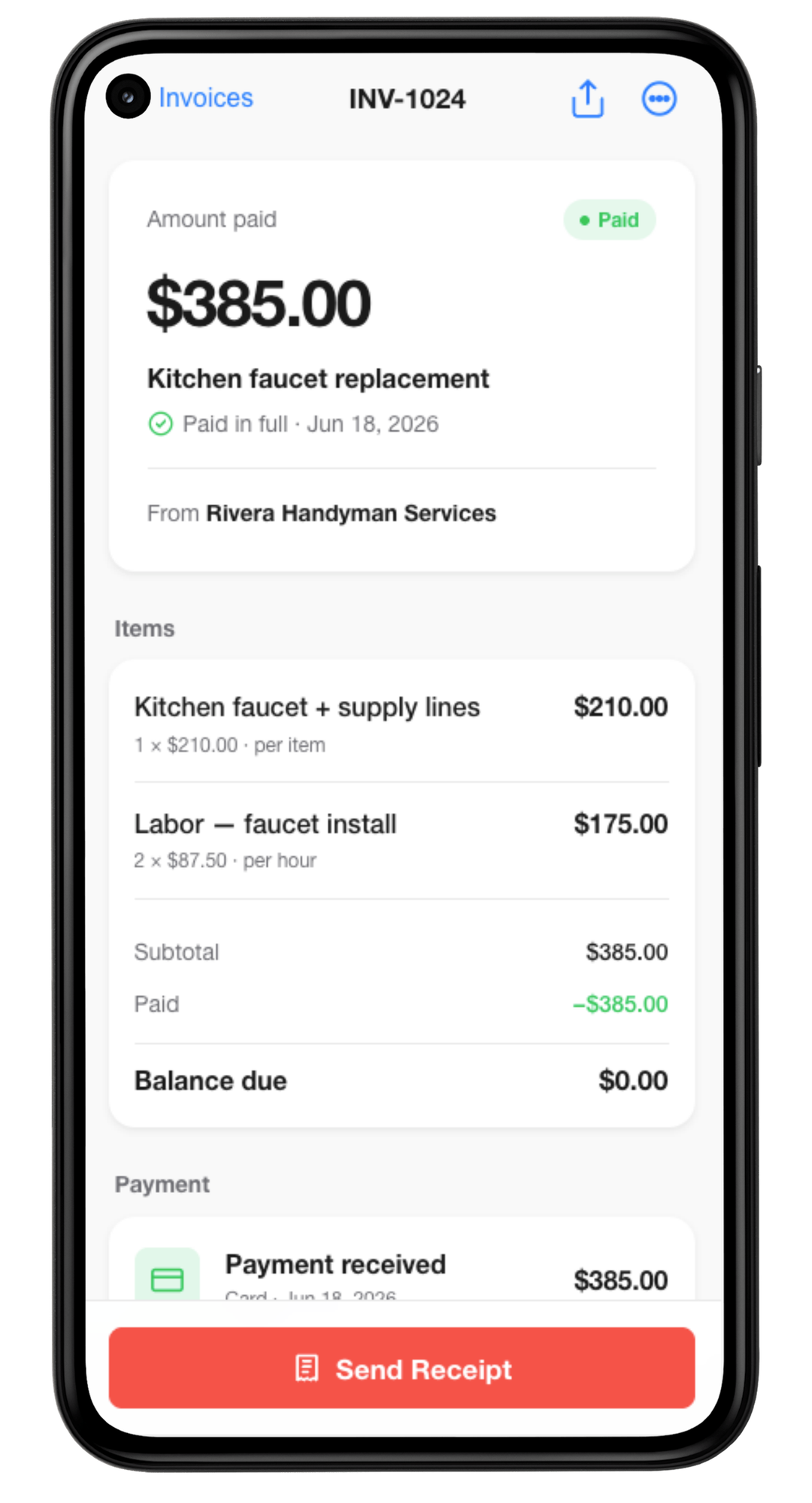 Pronto Invoice app showing a paid handyman invoice on a phone
